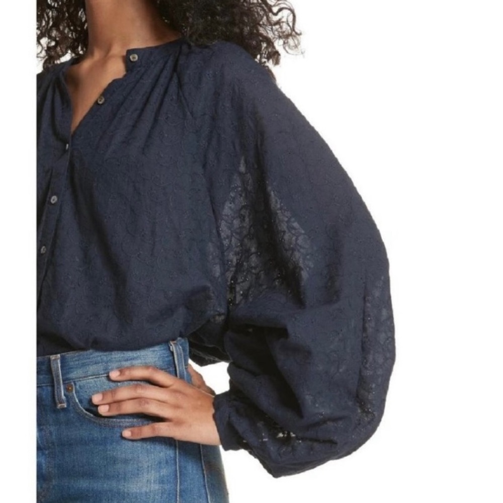 {Free People} From the Clouds Peasant Eyelet Blouse in Navy - Women's Small - Picture 3 of 13